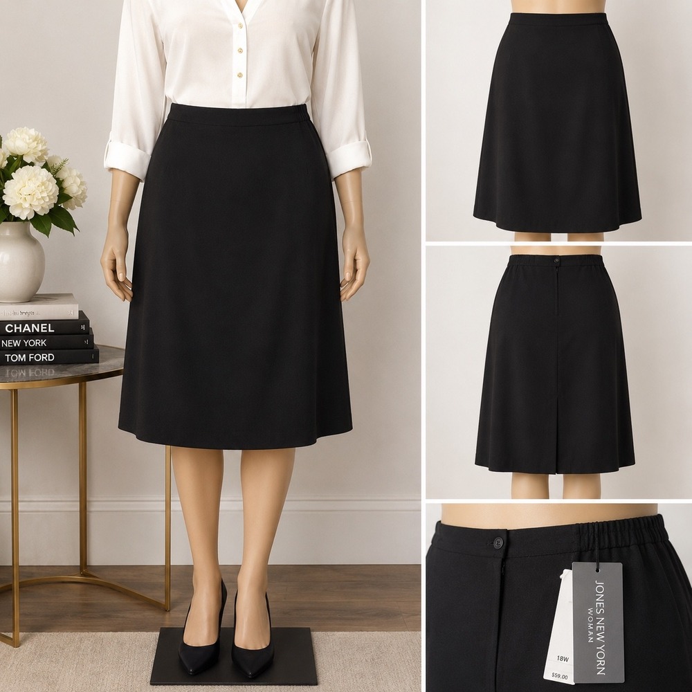 Jones New York Woman Black A-Line Midi Skirt Plus Size 18W Lined Professional